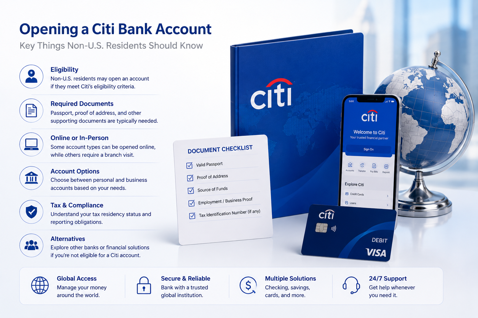 Opening a Citi Bank Account for non-U.S. residents, eligibility, required documents, tax compliance and account options checklist for international applicants