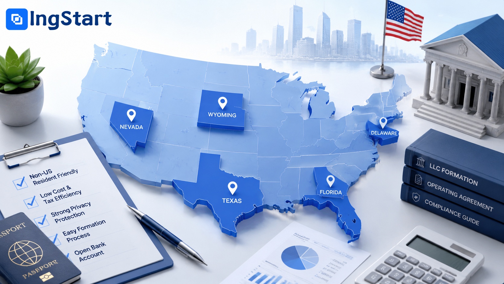 USA map with top states for LLC formation: Wyoming, Delaware, Texas, Nevada, Florida, legal documents for non-US resident US company setup