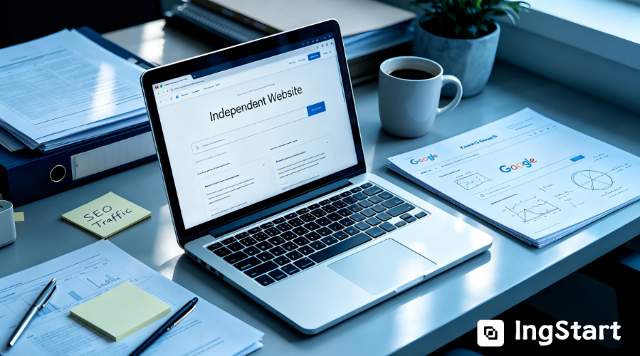 Overseas independent website and SEO traffic operation workspace with laptop and documents
