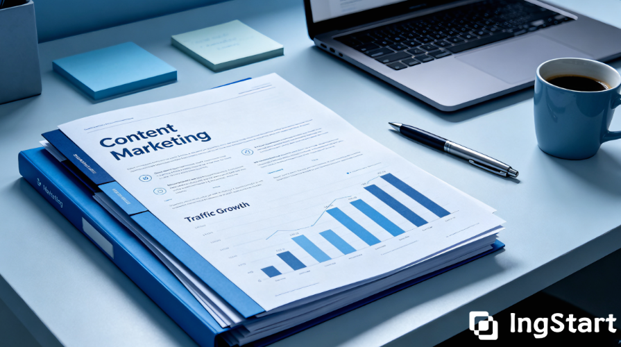 Content marketing and traffic growth analysis on a blue office desk