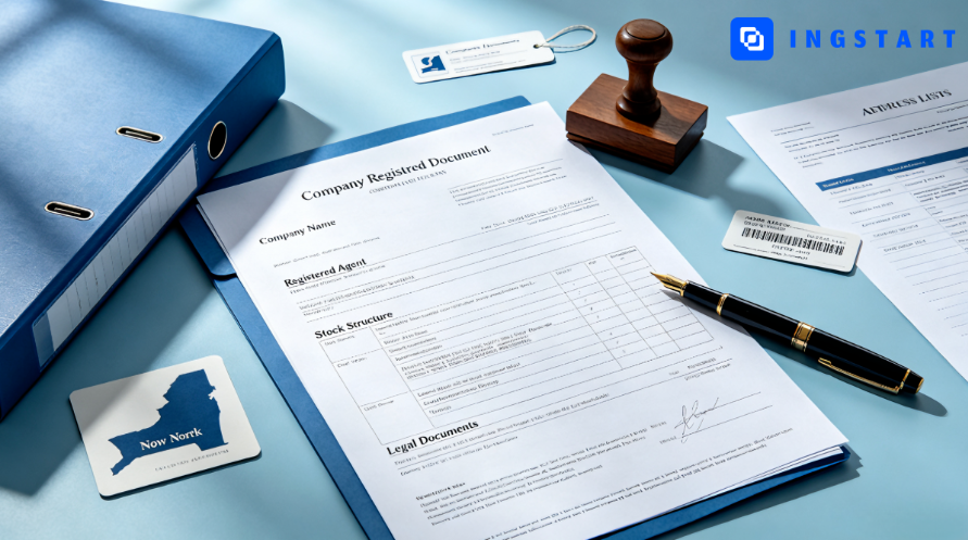 New York Stock Corporation requirements illustration with company name, registered agent, stock structure and legal documents checklist.