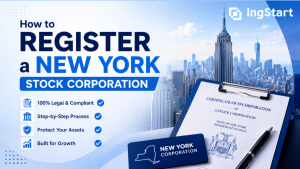 Light blue real business cover, official guide for New York Stock Corporation registration, simple and clean US business setup elements.