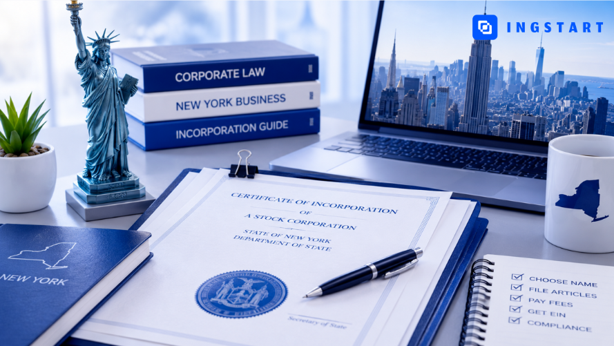 Light blue real business cover, official guide for New York Stock Corporation registration, simple and clean US business setup elements.