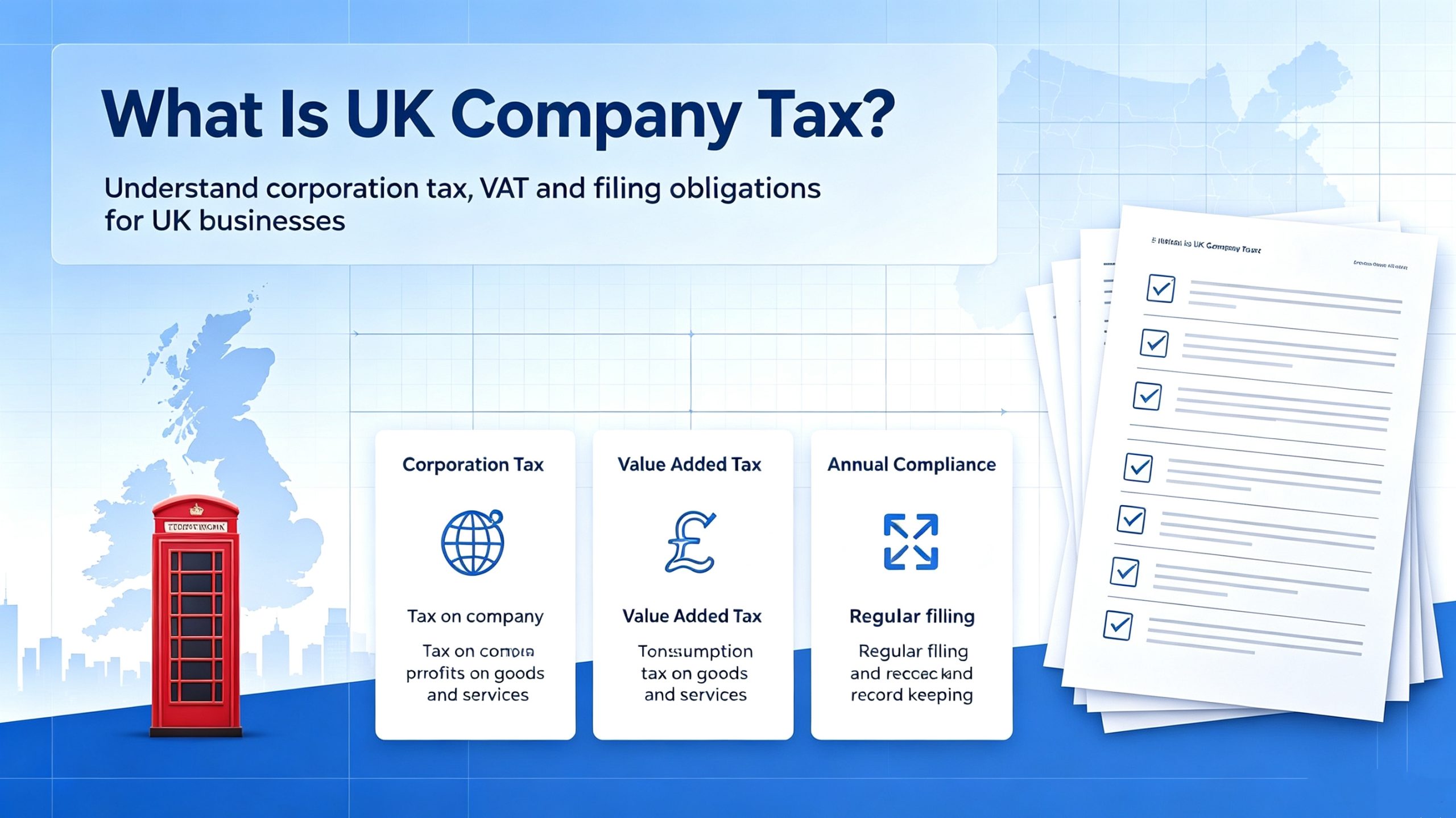 What is UK company tax infographic introducing corporation tax, value added tax VAT and annual compliance filing obligations for UK business owners