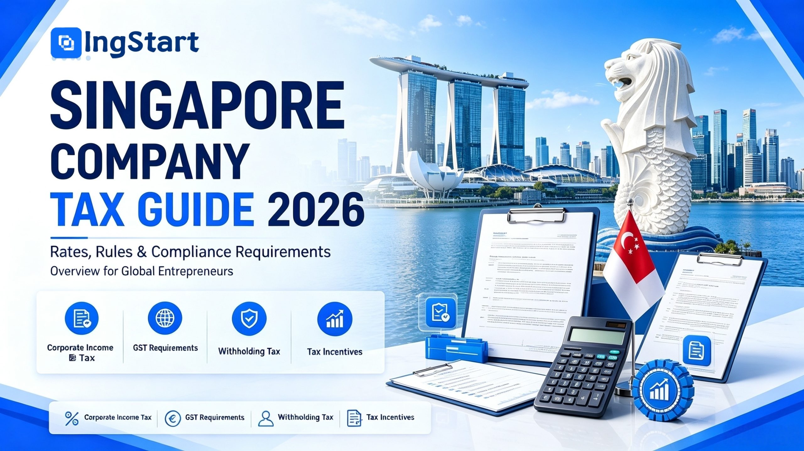 Singapore company tax overview infographic showing corporate income tax, GST, withholding tax types, compliance filing requirements and tax benefits for international businesses, Singapore city skyline, tax checklist clipboard, calculator, blue‑white business illustration