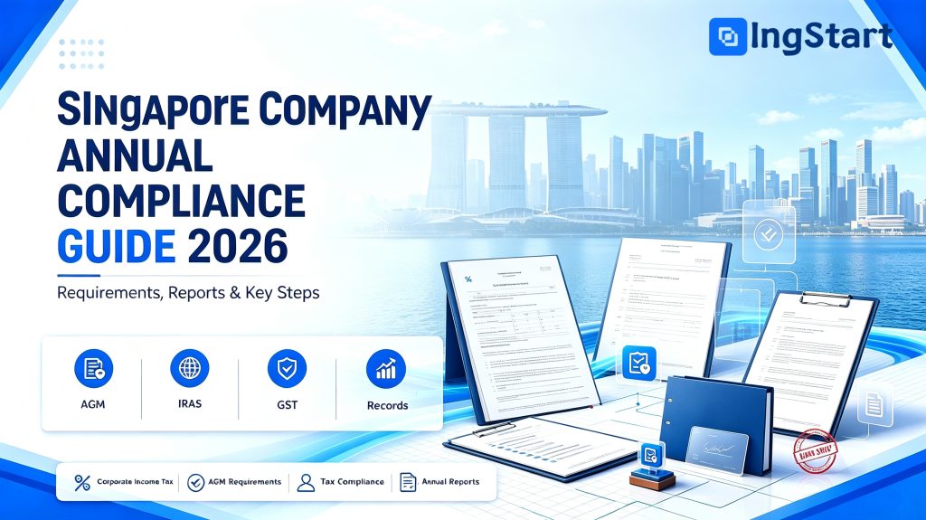 Singapore Company Annual Compliance Guide 2026 infographic banner, annual compliance requirements, AGM, ACRA annual return and corporate tax filing steps for global entrepreneurs, blue‑white corporate business graphic