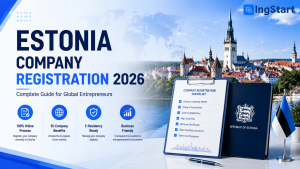 Estonia company registration 2026 complete guide for global entrepreneurs, 100% online EU business setup with e‑residency, Tallinn old town background
