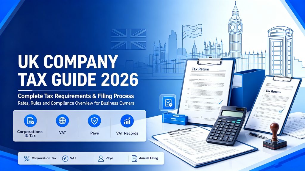 UK Company Tax Guide 2026 cover image, showing London landmark sketch, tax return documents, calculator and office supplies for UK corporation tax, VAT and PAYE compliance
