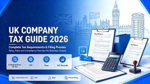 UK Company Tax Guide 2026 cover image, showing London landmark sketch, tax return documents, calculator and office supplies for UK corporation tax, VAT and PAYE compliance