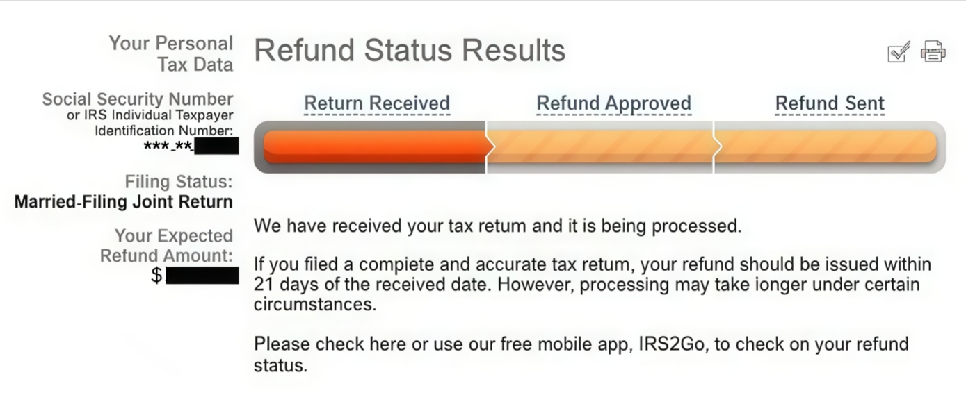 IRS refund status results screenshot showing Return Received progress bar, tax return being processed message