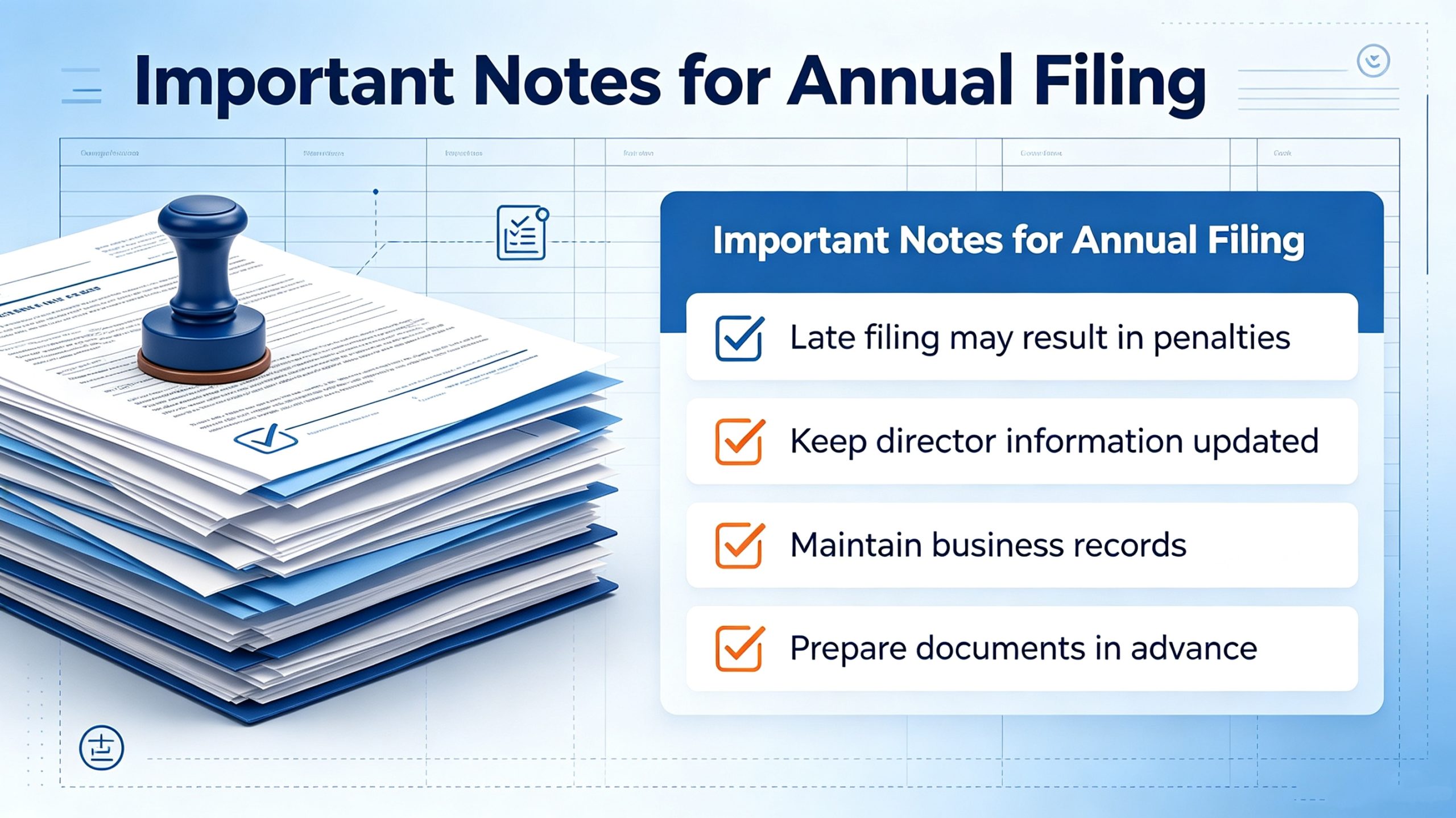 Important notes checklist for Hong Kong annual filing, late filing penalties, director information update, business records and compliance document preparation for Hong Kong company