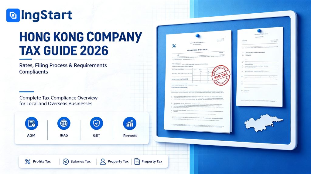 Hong Kong Company Tax Guide 2026 cover image, showing Hong Kong corporate tax rates, filing process, profits tax, salaries tax, property tax and tax compliance requirements for local and overseas businesses, blue-white official business graphic