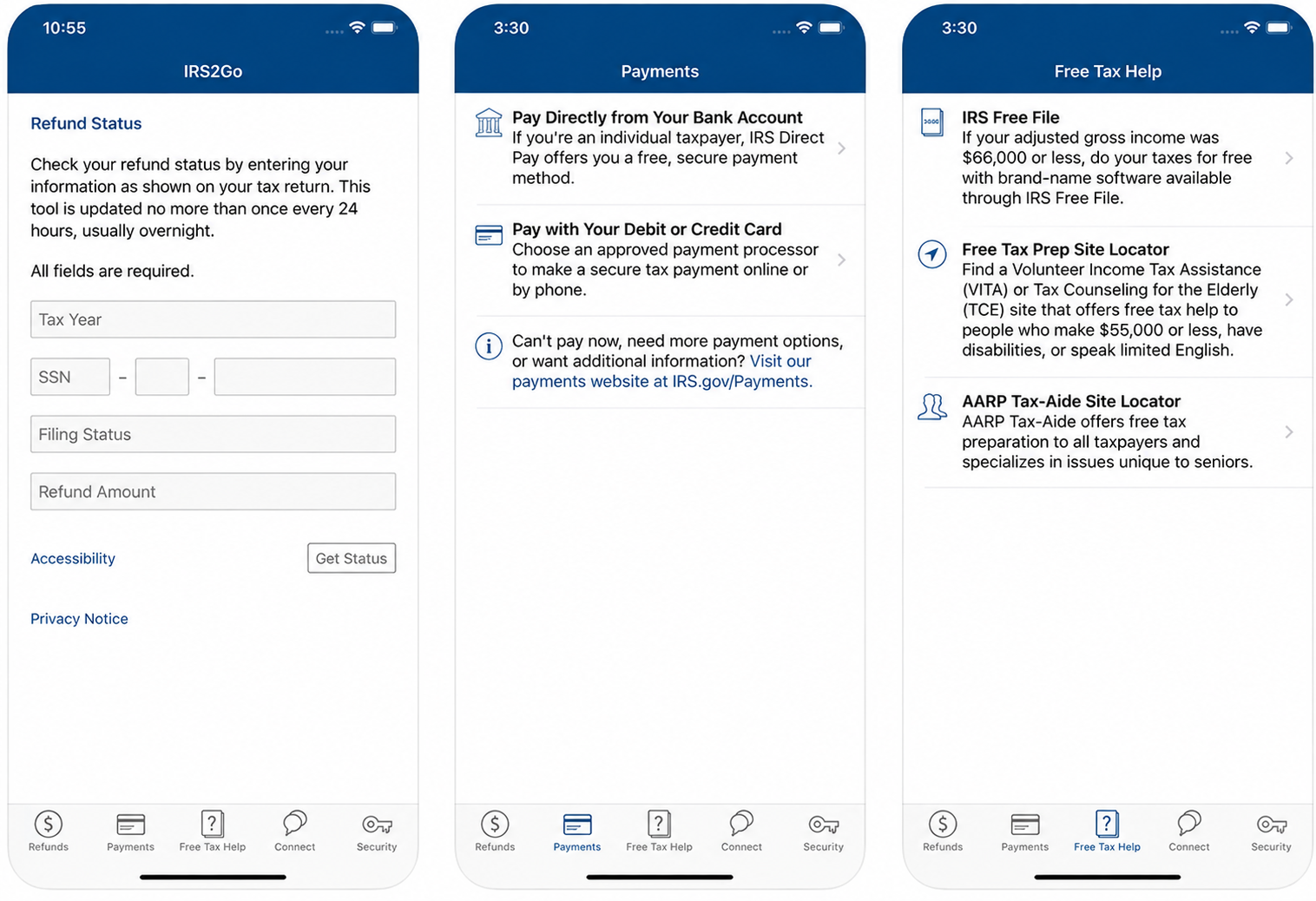 IRS2Go mobile app screenshots showing refund status, payments and free tax help screens