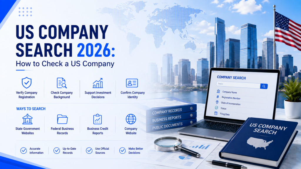 US Company Search 2026 guide graphic: how to check a US company, features for verifying registration, background checks, investment support, search methods including state government websites and business records