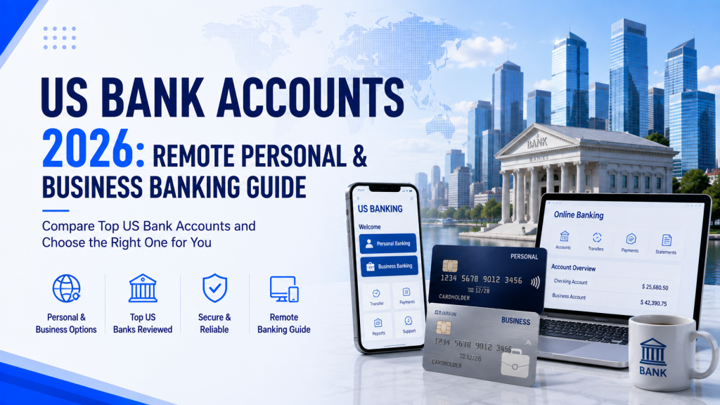 US Bank Accounts 2026 guide graphic for remote personal and business banking, compare top US bank accounts, featuring mobile banking app, online banking laptop screen, bank cards and city skyline background
