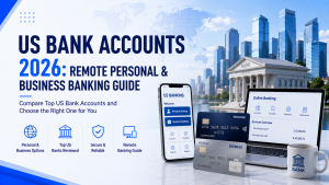 US Bank Accounts 2026 guide graphic for remote personal and business banking, compare top US bank accounts, featuring mobile banking app, online banking laptop screen, bank cards and city skyline background