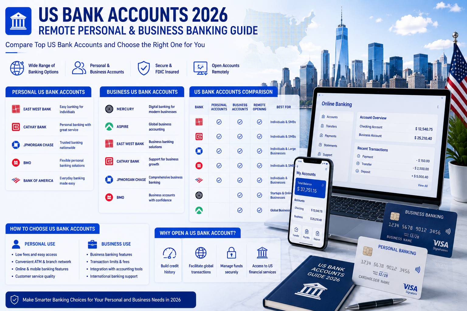 US Bank Accounts 2026 infographic for remote personal and business banking, comparison chart of top US banks, tips on account selection, laptop and mobile online banking interface with New York city skyline background