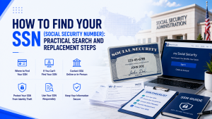 How to find your SSN Social Security Number, steps for search and replacement, SSA building, social security card, tax W‑2 forms, SSN safety checklist