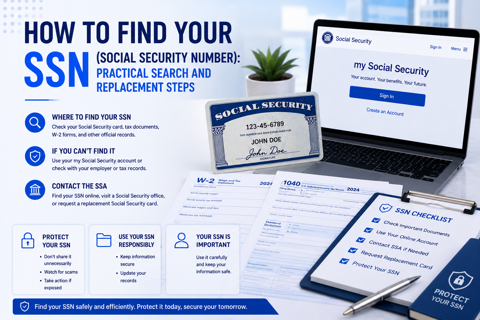 How to find your SSN Social Security Number infographic with SSA login screen, tax forms, social security card and SSN safety checklist