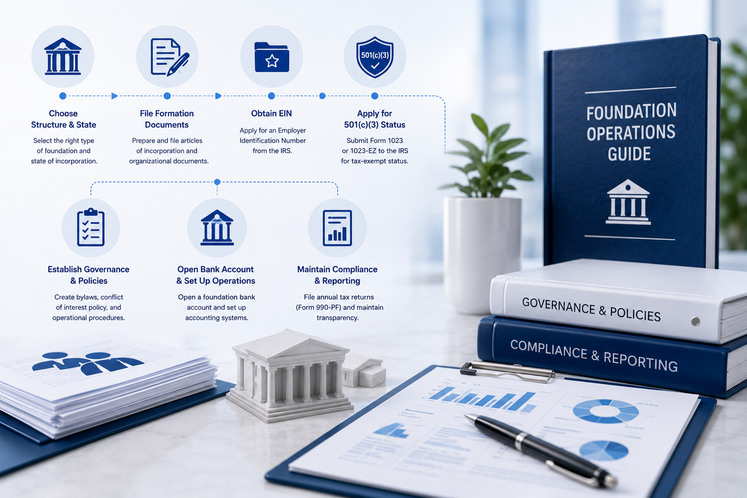 US foundation setup step‑by‑step workflow infographic, EIN and 501c3 tax‑exempt application compliance process