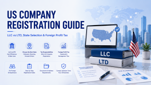 US Company Registration guide cover, LLC vs LTD comparison, US business formation for foreign entrepreneurs, blue corporate background with USA flag, registration documents and world map