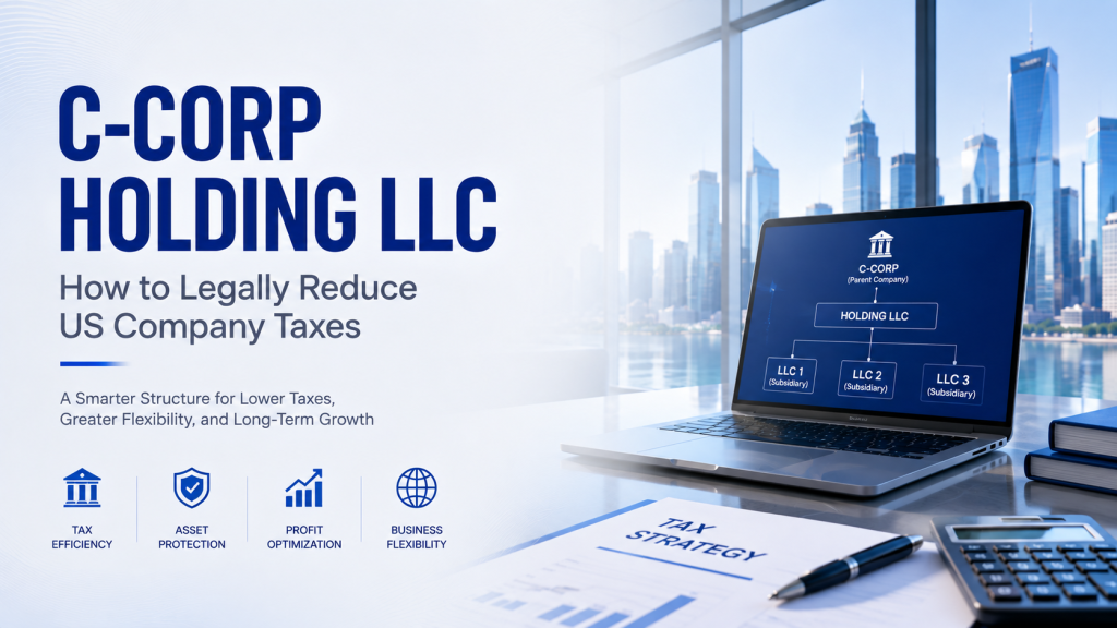 C-Corp Holding LLC business structure infographic, legally reduce US company taxes, tax efficiency, asset protection, profit optimization, business flexibility with city office background