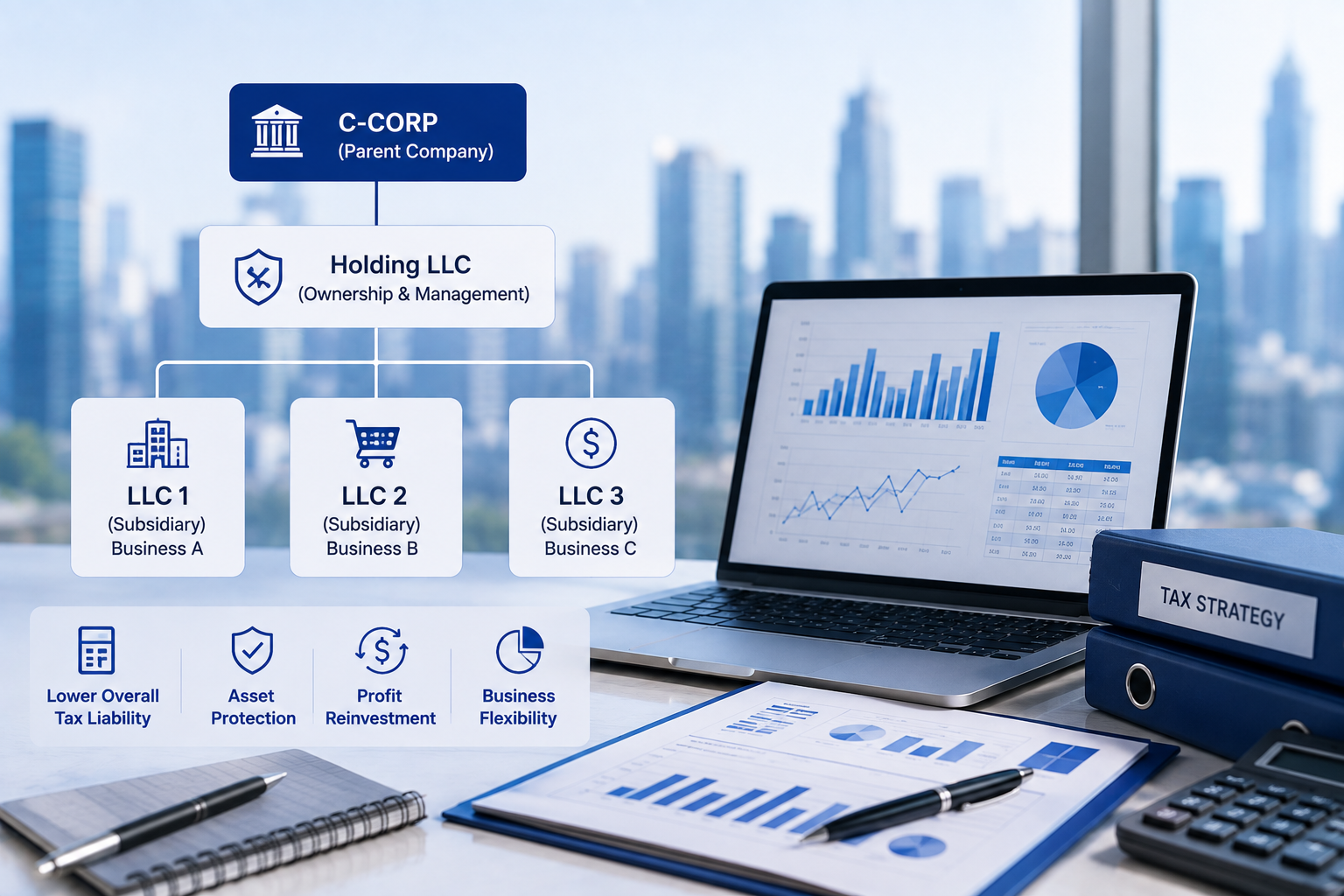 C-Corp Holding LLC ownership and management organization chart diagram, parent C‑Corp owns holding LLC with multiple subsidiary LLCs, lower tax liability asset protection profit reinvestment business flexibility
