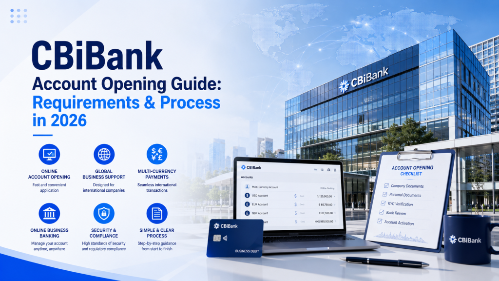 CBiBank account opening guide 2026 infographic, online multi‑currency business banking, global international company account setup with office building background