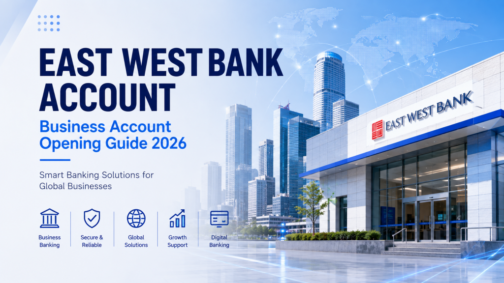 East West Bank Account, Business Account Opening Guide 2026, smart banking solutions for global businesses, modern bank building with city skyline and world map graphic