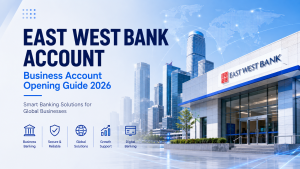 East West Bank Account, Business Account Opening Guide 2026, smart banking solutions for global businesses, modern bank building with city skyline and world map graphic