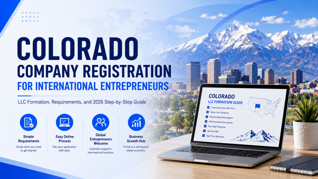 Colorado Company Registration for international entrepreneurs, 2026 Colorado LLC formation step‑by‑step guide, Denver city skyline with rocky mountains, laptop showing LLC setup checklist