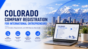 Colorado Company Registration for international entrepreneurs, 2026 Colorado LLC formation step‑by‑step guide, Denver city skyline with rocky mountains, laptop showing LLC setup checklist