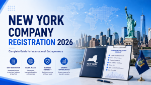 New York Company Registration 2026 complete guide for international entrepreneurs, New York city skyline and Statue of Liberty, company registration checklist clipboard
