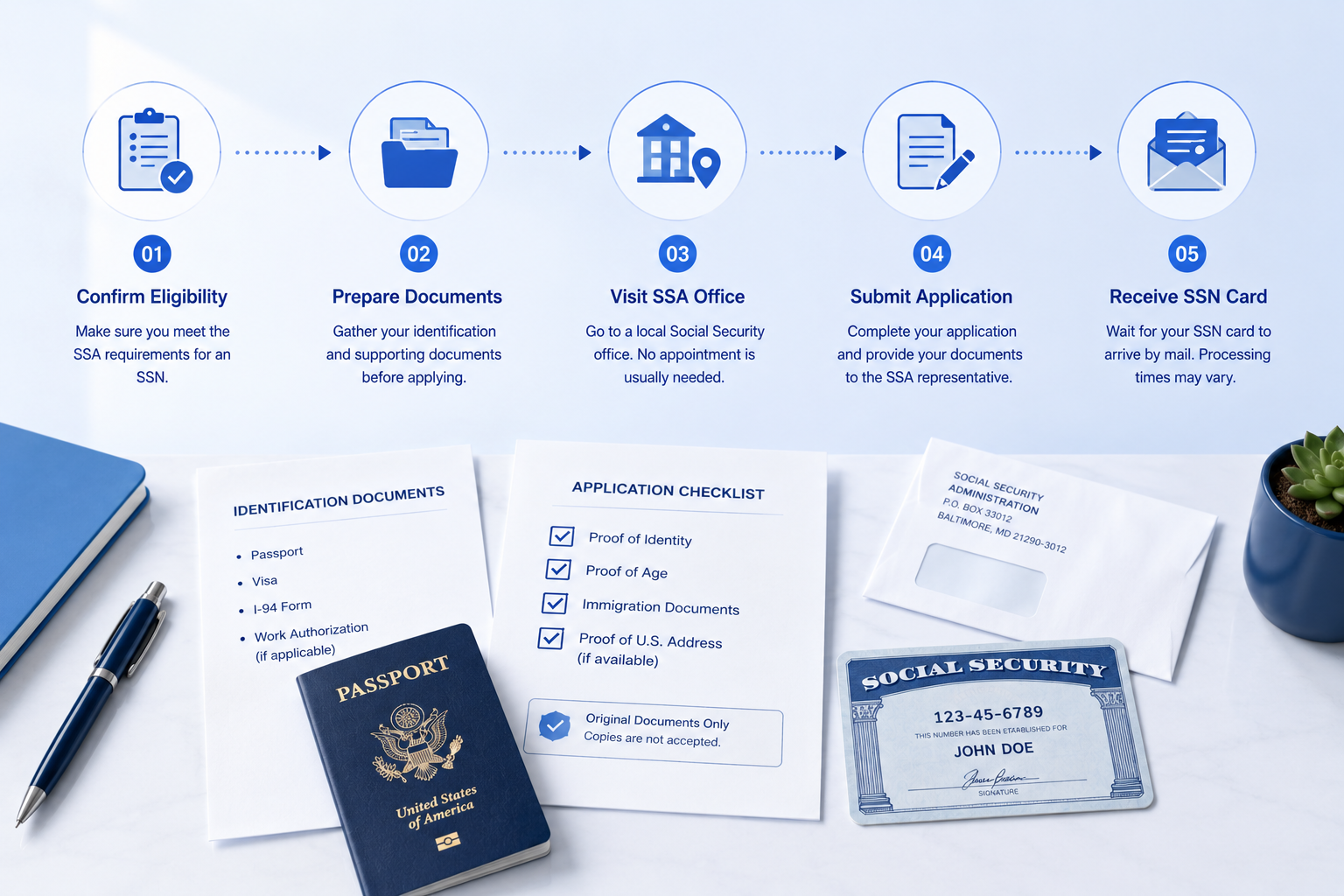 SSN application step‑by‑step process, required identification documents and SSA application checklist