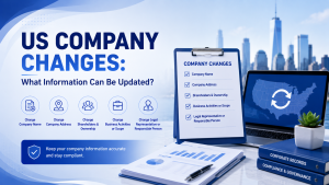 `US company information updates overview, change company name, address, ownership, business scope and responsible person for compliance`