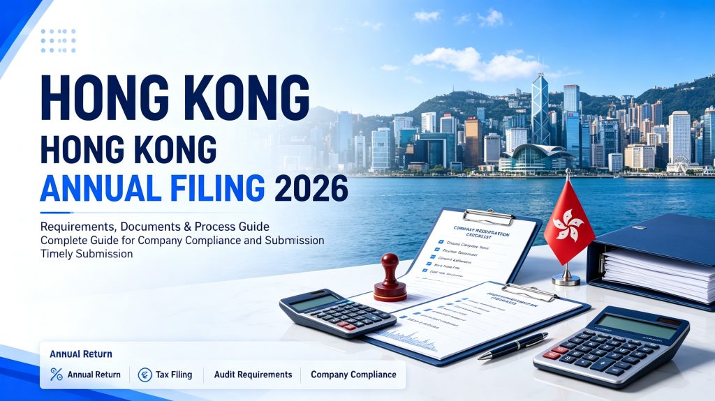 Hong Kong Annual Filing 2026 guide showing Hong Kong skyline, company compliance documents, stamp and office supplies for Hong Kong company annual return submission