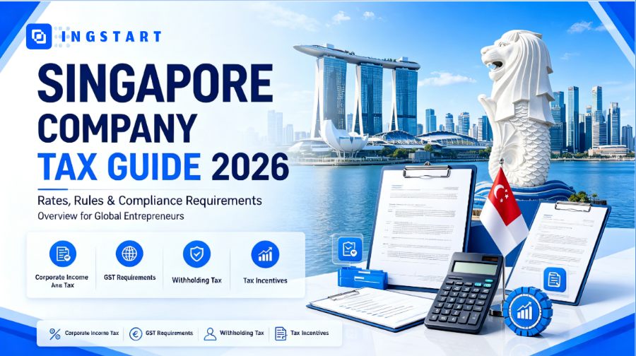 Singapore Company Tax Guide 2026 cover graphic, complete tax rates rules and compliance requirements guide for global entrepreneurs, Singapore Marina Bay city skyline, business tax checklist document, blue white corporate infographic banner