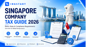 Singapore Company Tax Guide 2026 cover graphic, complete tax rates rules and compliance requirements guide for global entrepreneurs, Singapore Marina Bay city skyline, business tax checklist document, blue white corporate infographic banner