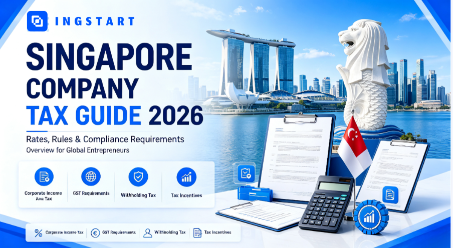 Singapore Company Tax Guide 2026 cover graphic, complete tax rates rules and compliance requirements guide for global entrepreneurs, Singapore Marina Bay city skyline, business tax checklist document, blue white corporate infographic banner