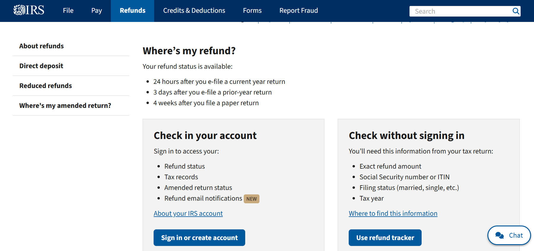 IRS Where's my refund tax refund status check webpage screenshot