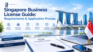Singapore business license guide banner with Marina Bay Sands skyline, Singapore flag, business license document and books, introducing business activities, registration, documents, application process and compliance