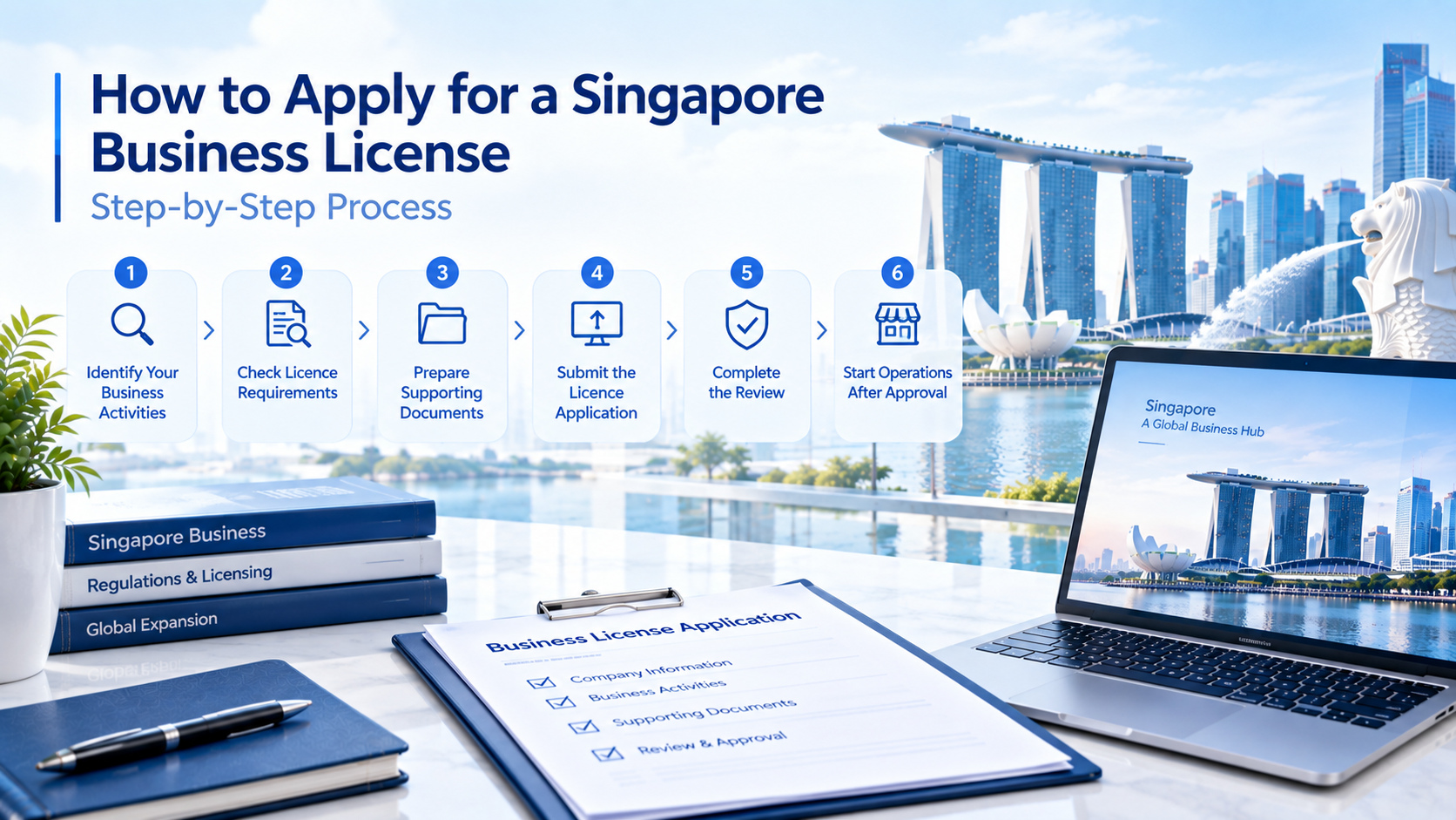 Step-by-step infographic for Singapore business license application, Merlion and Singapore city background, six steps from identifying business activities to starting operations after approval