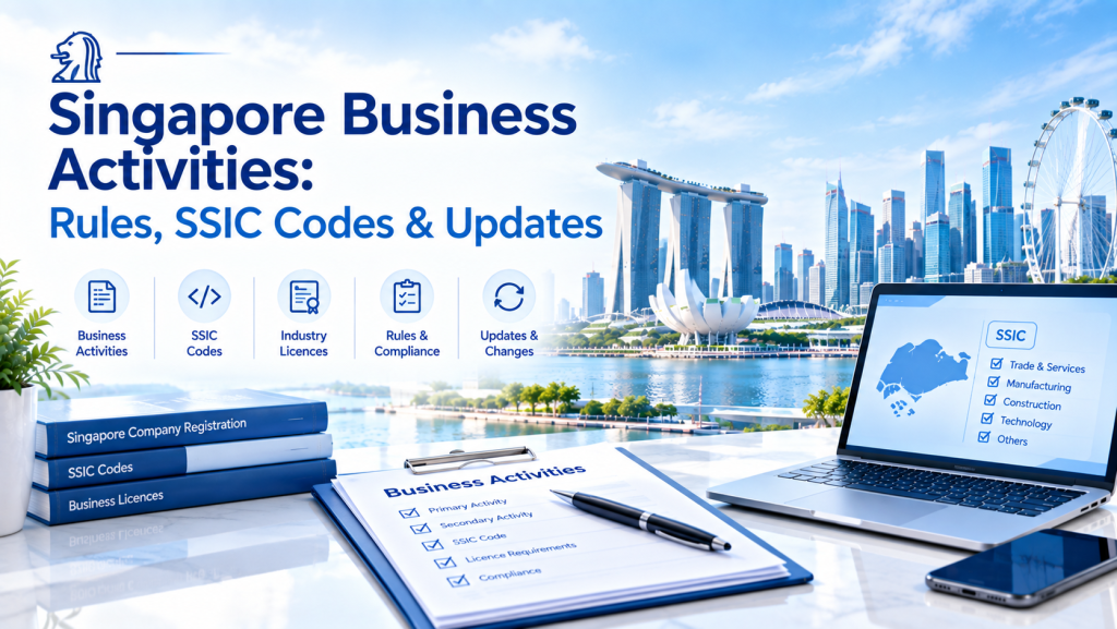 Singapore business activities guide banner with Marina Bay skyline, documents and laptop showing SSIC codes, covering business activities, SSIC codes, industry licences, compliance and updates