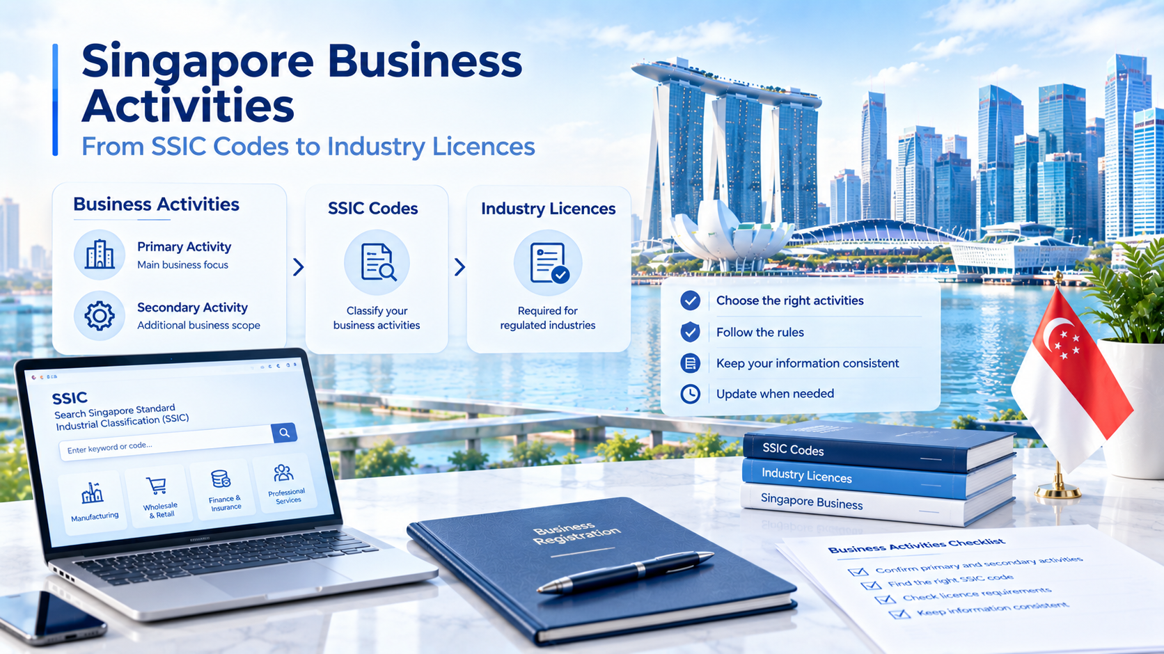 Singapore business activities infographic showing workflow from primary & secondary business activities to SSIC codes and industry licences, Singapore city skyline and flag background