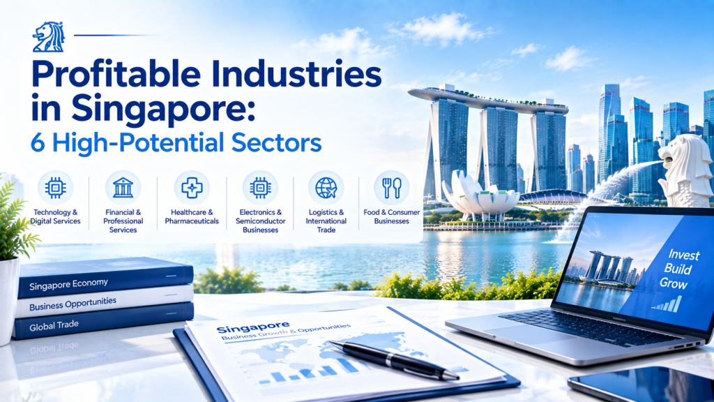 Singapore profitable industries banner with Merlion and Marina Bay Sands skyline, introducing 6 high-potential sectors: technology, finance, healthcare, semiconductor, logistics, food consumer business
