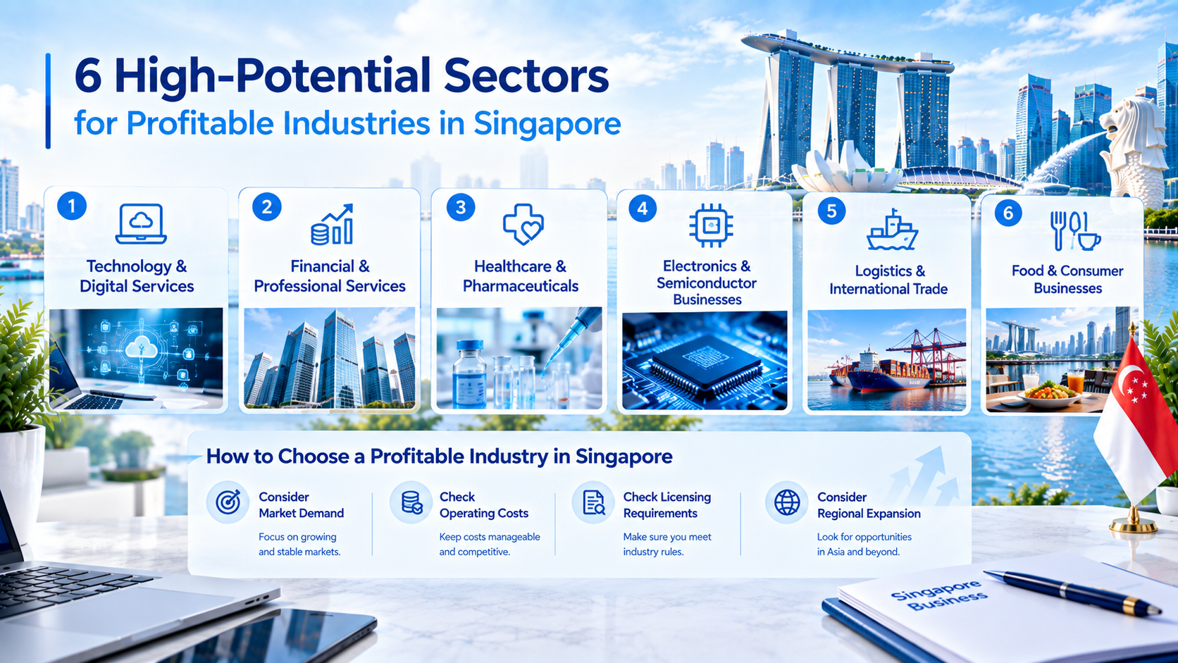 Infographic of 6 high-potential profitable industry sectors in Singapore, with tips on selecting industry including market demand, cost, licensing and regional expansion