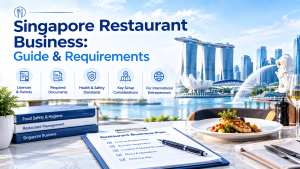 Singapore restaurant business guide banner with Marina Bay Sands and Merlion background, restaurant business plan, gourmet dish, covering licences, documents, health safety standards and setup tips for foreign entrepreneurs
