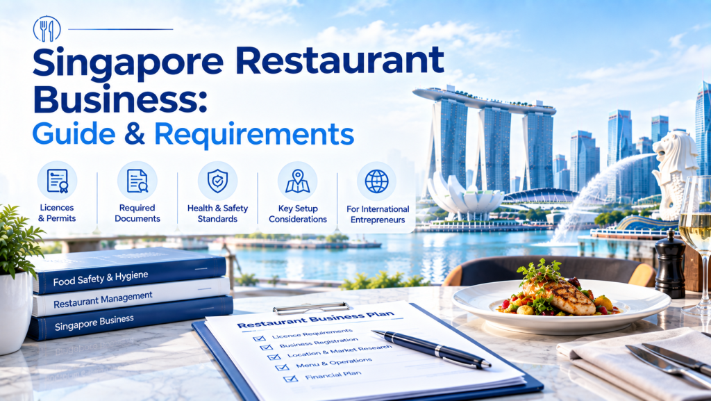 Singapore restaurant business guide banner with Marina Bay Sands and Merlion background, restaurant business plan, gourmet dish, covering licences, documents, health safety standards and setup tips for foreign entrepreneurs