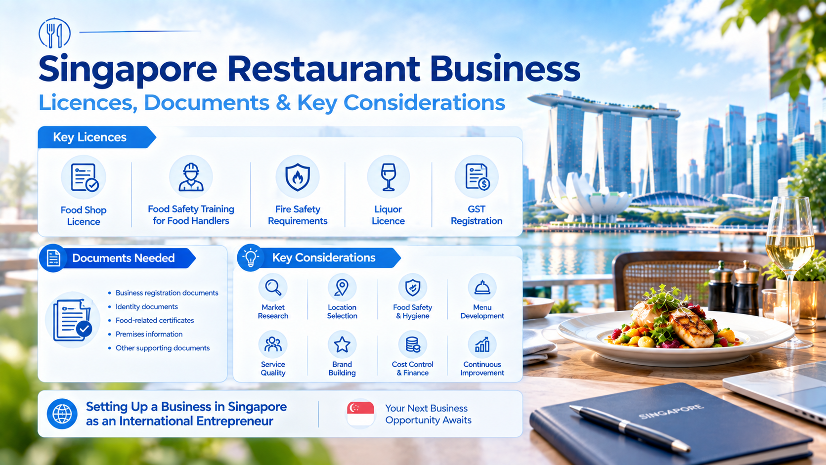 Singapore restaurant business infographic, listing required licences including food shop licence, liquor licence, documents checklist and key considerations for setting up restaurant in Singapore with Marina Bay skyline background