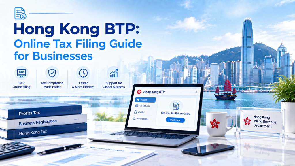 Hong Kong BTP online tax filing guide infographic for businesses, Hong Kong skyline background with laptop showing the BTP e-filing portal, Hong Kong tax books and IRD sign on desk, introducing BTP online filing, tax compliance, efficiency and global business support